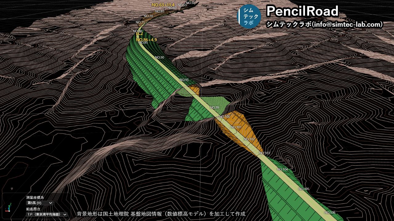 PencilRoad の 3D 画面。等高線の地形の上に道路と切土・盛土の法面が描かれている